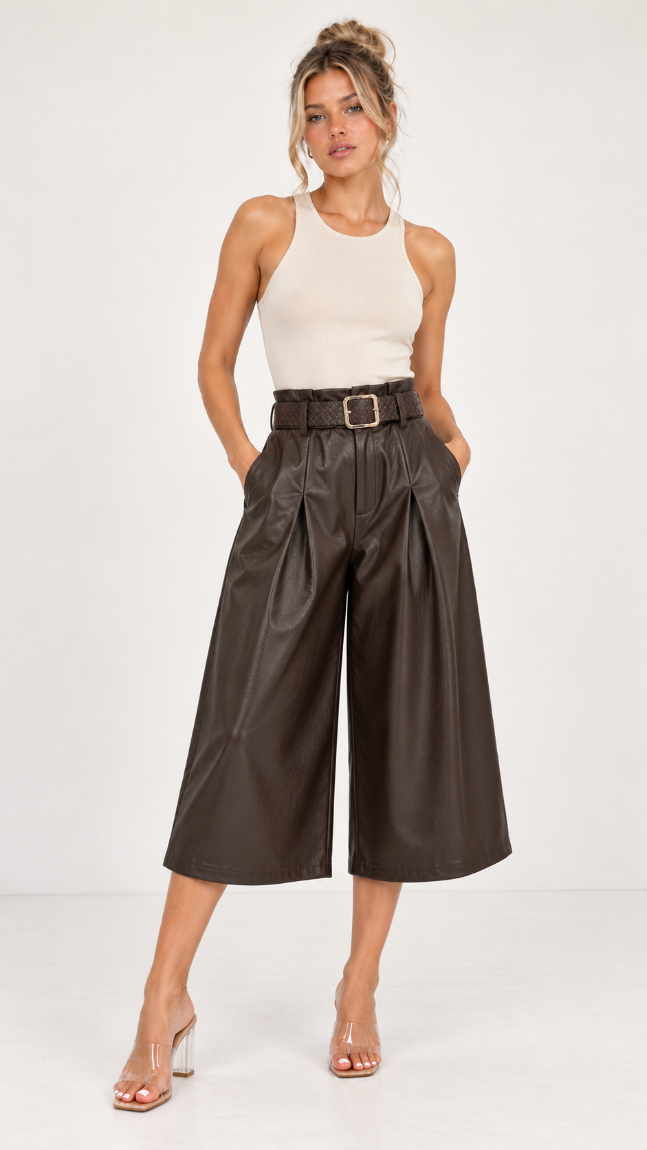 Yara Lederlook Bruine Riem 3/4 Broek