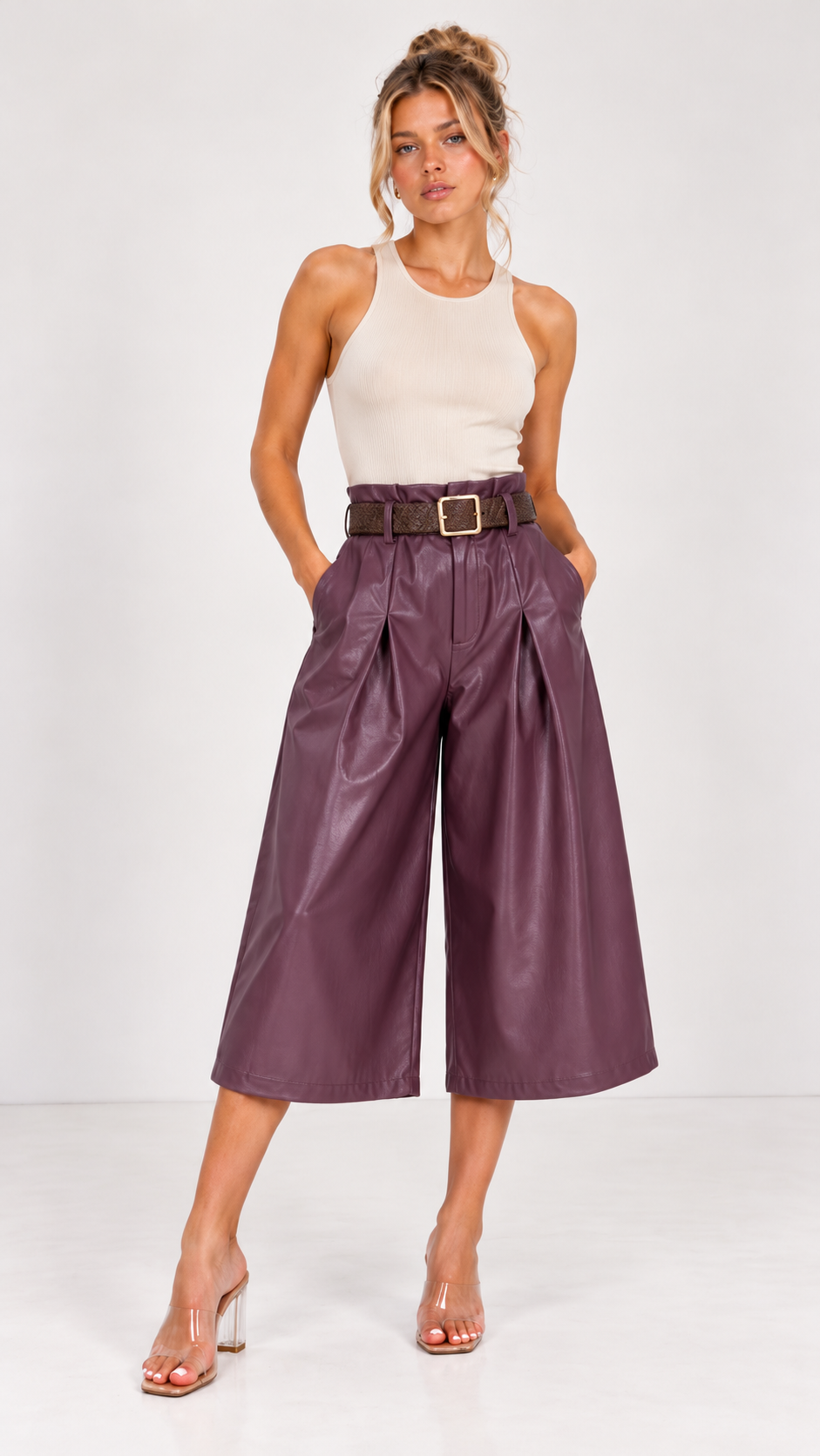 Yara Lederlook Bruine Riem 3/4 Broek